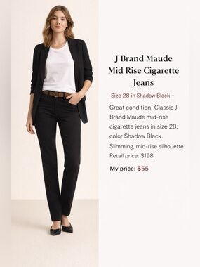 J BRAND “Maude” Mid‑Rise Cigarette Jeans – Size 28 – Shadow Black
